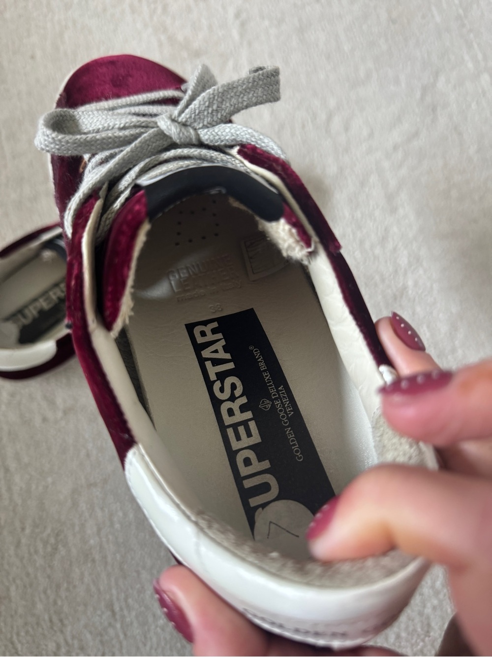 Golden Goose Velvet Burgundy Star Sneakers with White Heel - Picture 10 of 11